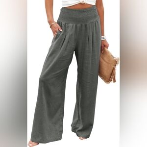 Women Cotton Linen Pants Wide Leg Elastic High Waisted Palazzo Pants
